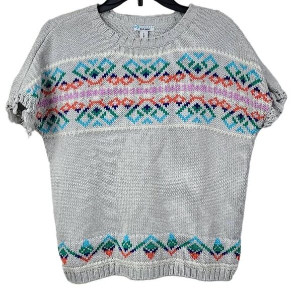 Old Navy Tribal Fair Isle Fringe Sleeve Pullover Knitted Sweater Gray Aztec XL - Picture 1 of 7